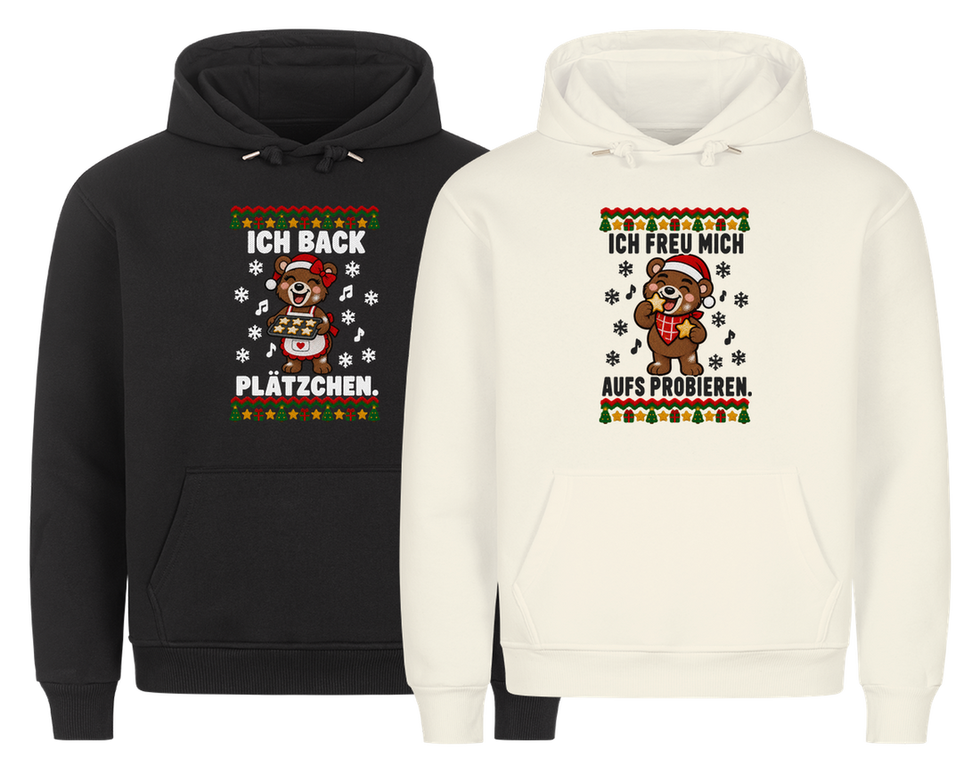 Ich back Plätzchen Partner Weihnachtshoodies - zwei Hoodies nebeneinander, freigestellt