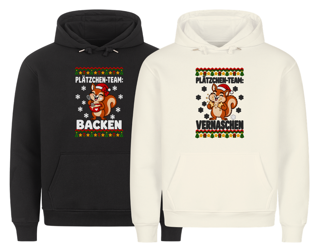 Plätzchen-Team Partner Weihnachtshoodies - zwei Hoodies nebeneinander, freigestellt