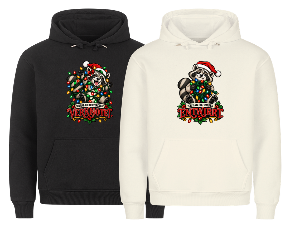 Ich hab die Lichterkette verknotet Partner Weihnachtshoodies - zwei Hoodies nebeneinander, freigestellt