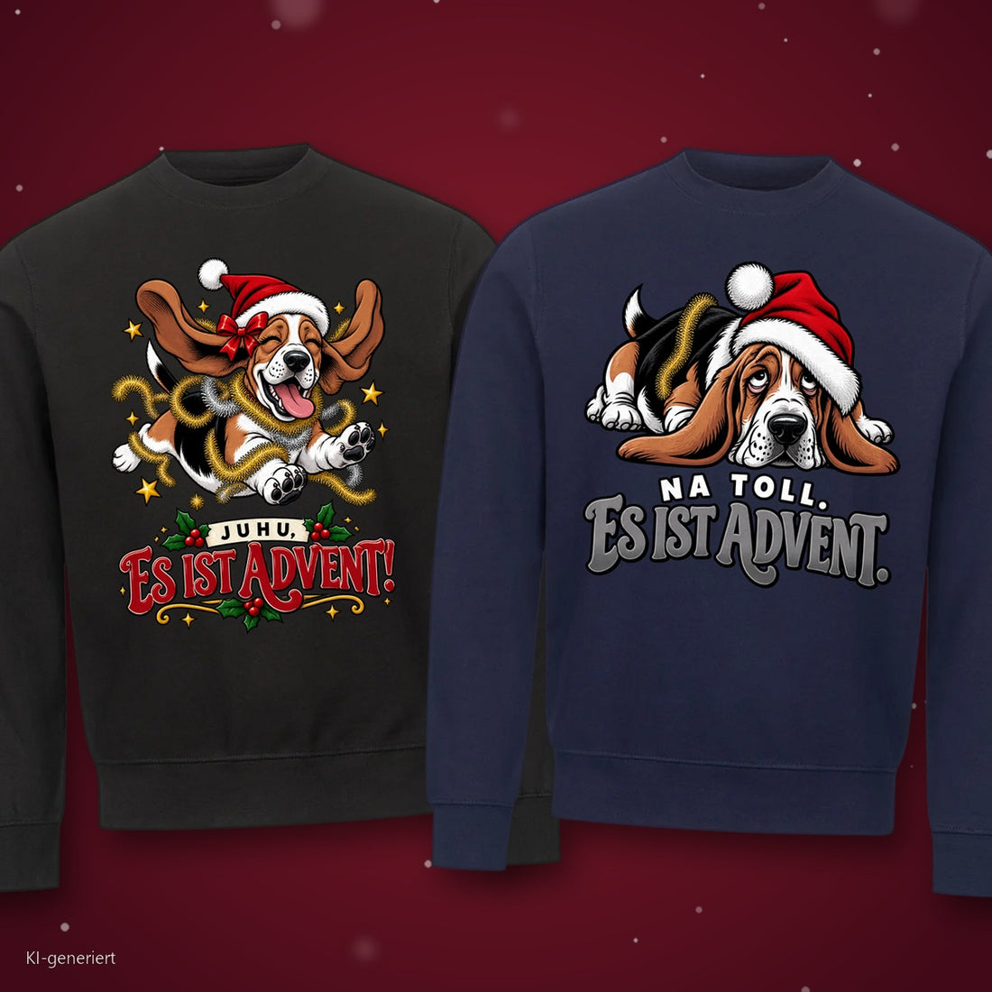 Juhu es ist Advent Partner Weihnachtspullover - zwei Sweatshirts auf rotem Weihnachtshintergrund