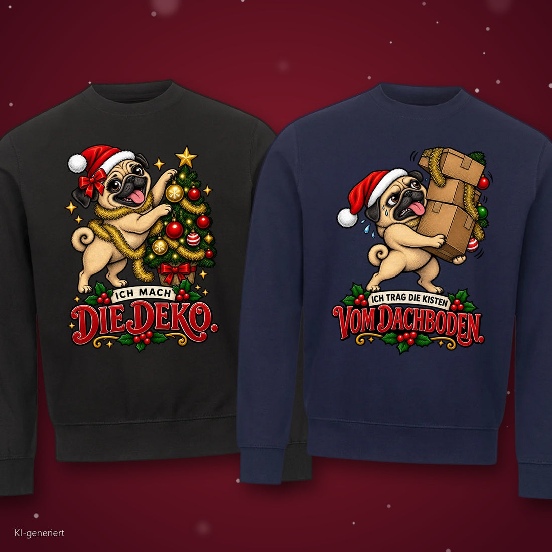 Ich mach die Deko Partner Weihnachtspullover - zwei Sweatshirts auf rotem Weihnachtshintergrund