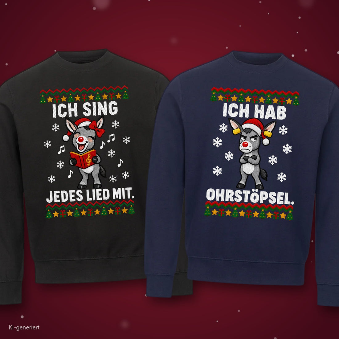 Ich sing jedes Lied mit Partner Weihnachtspullover - zwei Sweatshirts auf rotem Weihnachtshintergrund