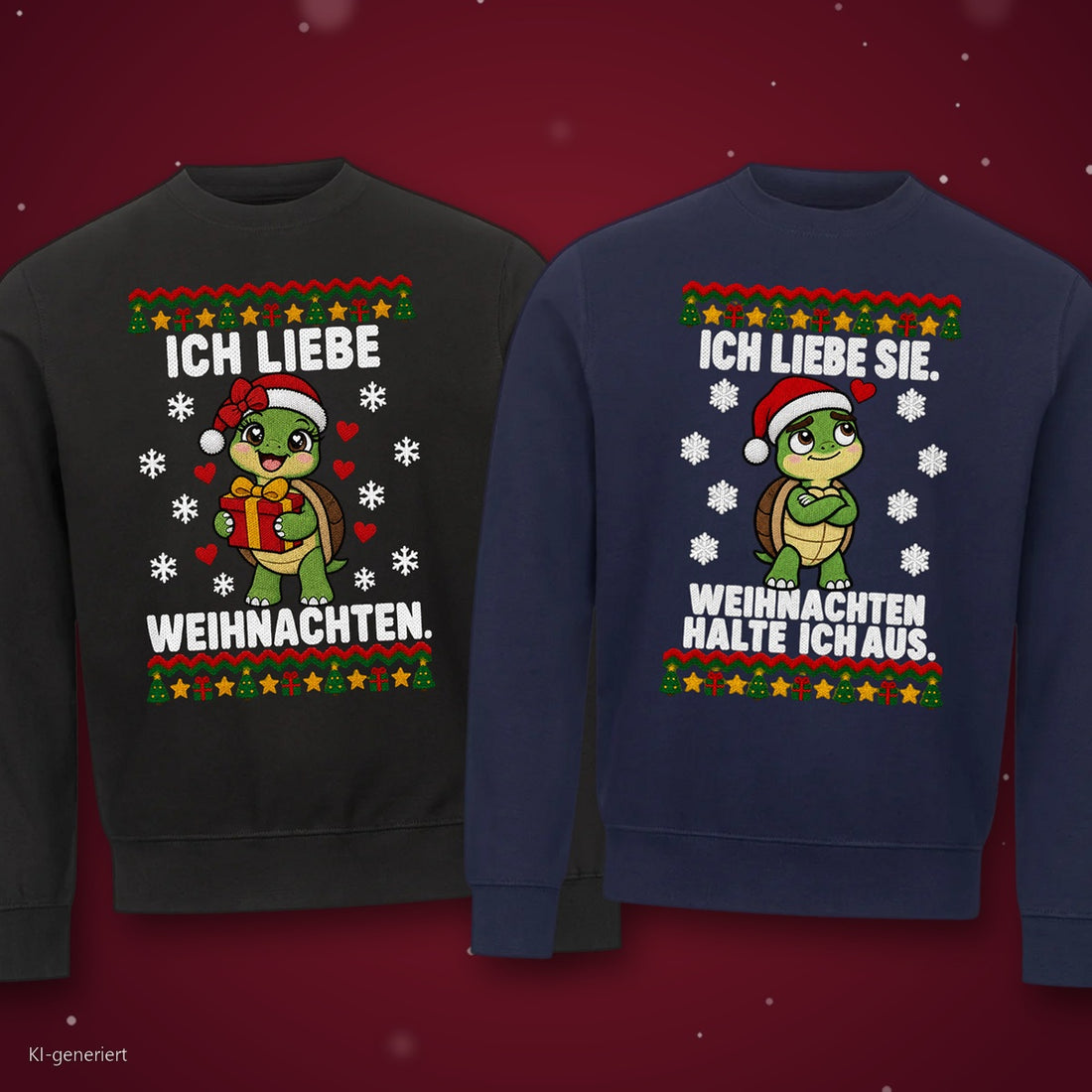 Ich liebe Weihnachten Partner Weihnachtspullover - zwei Sweatshirts auf rotem Weihnachtshintergrund
