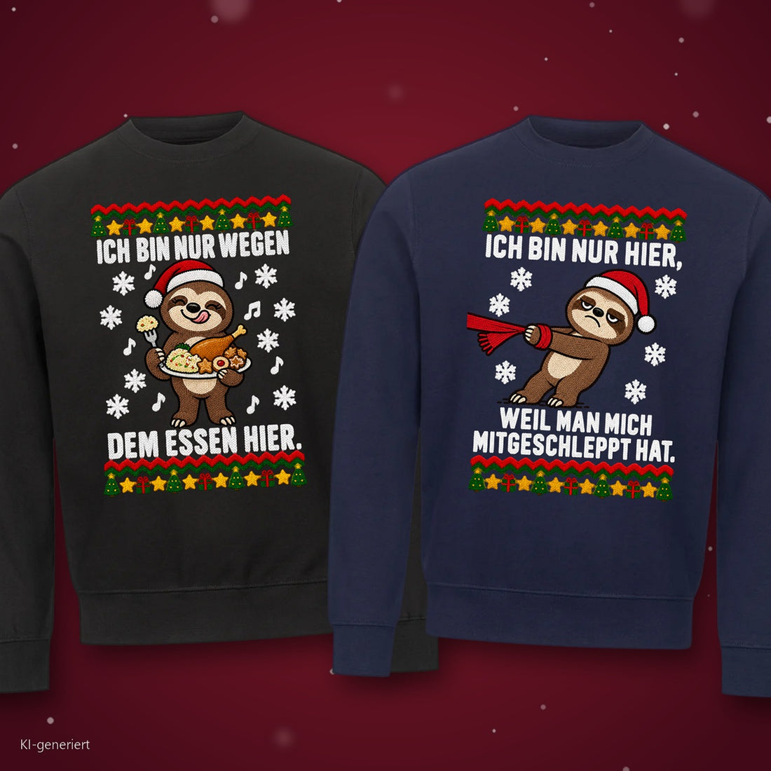 Ich bin nur wegen dem Essen hier Partner Weihnachtspullover - zwei Sweatshirts auf rotem Weihnachtshintergrund