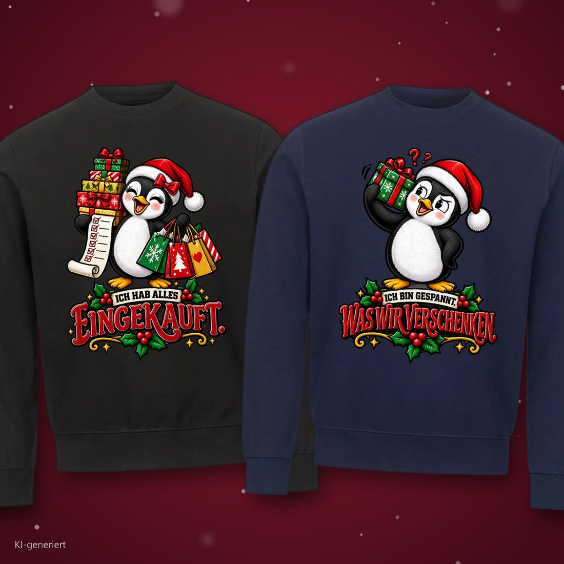 Ich hab alles eingekauft Comic Partner Weihnachtspullover - zwei Sweatshirts auf rotem Weihnachtshintergrund