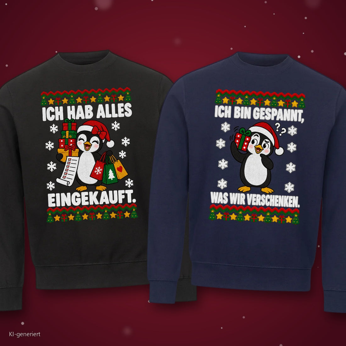 Ich hab alles eingekauft Partner Weihnachtspullover - zwei Sweatshirts auf rotem Weihnachtshintergrund