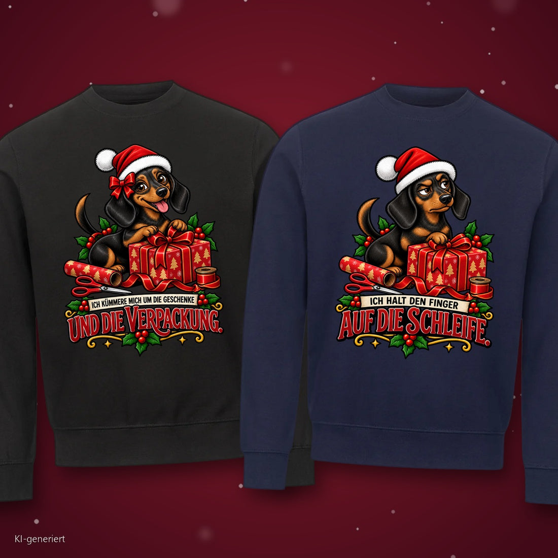 Ich kümmere mich um die Geschenke Partner Weihnachtspullover - zwei Sweatshirts auf rotem Weihnachtshintergrund