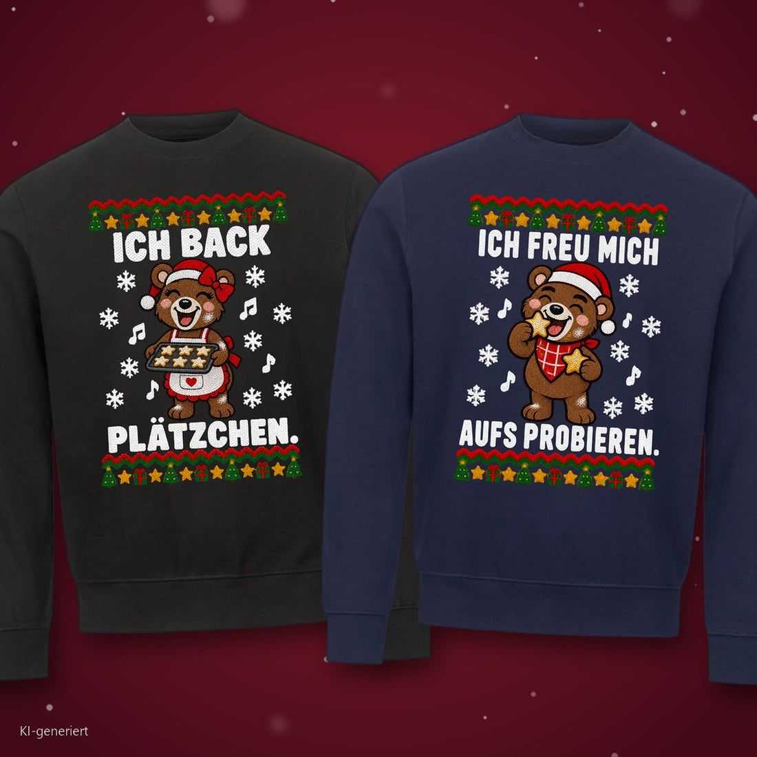 Ich back Plätzchen Partner Weihnachtspullover - zwei Sweatshirts auf rotem Weihnachtshintergrund