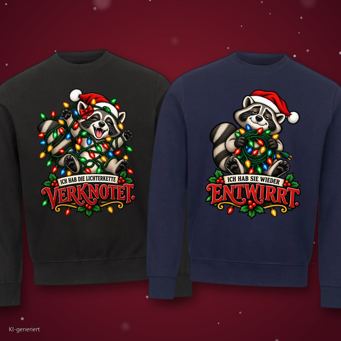 Ich hab die Lichterkette verknotet Partner Weihnachtspullover - zwei Sweatshirts auf rotem Weihnachtshintergrund