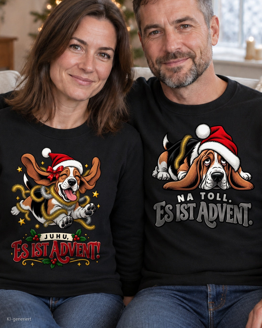 Juhu es ist Advent Partner Weihnachtspullover - Paar auf dem Sofa in schwarzen Weihnachtspullovern