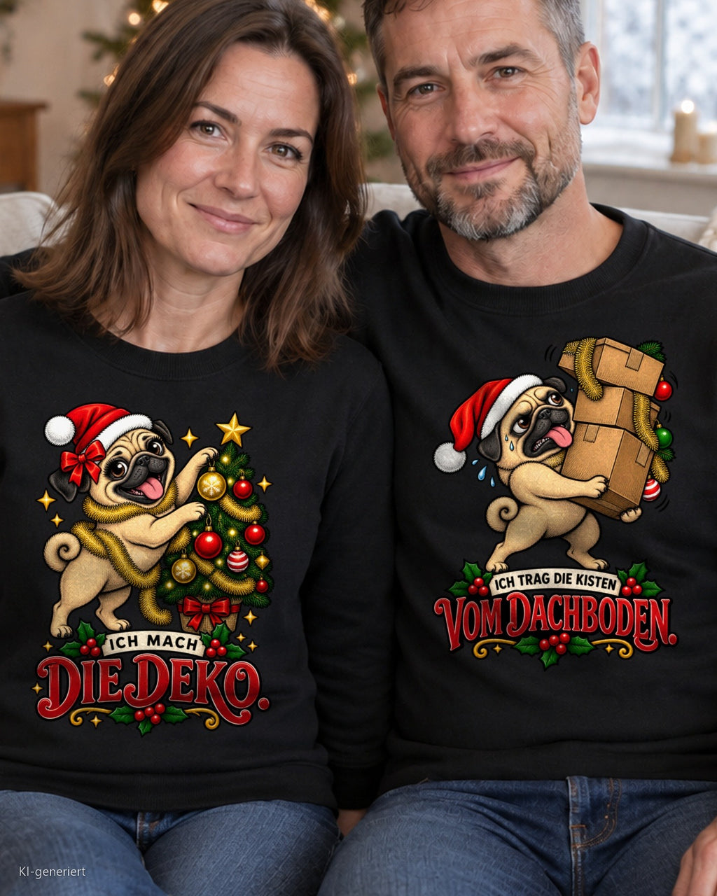 Ich mach die Deko Partner Weihnachtspullover - Paar auf dem Sofa in schwarzen Weihnachtspullovern