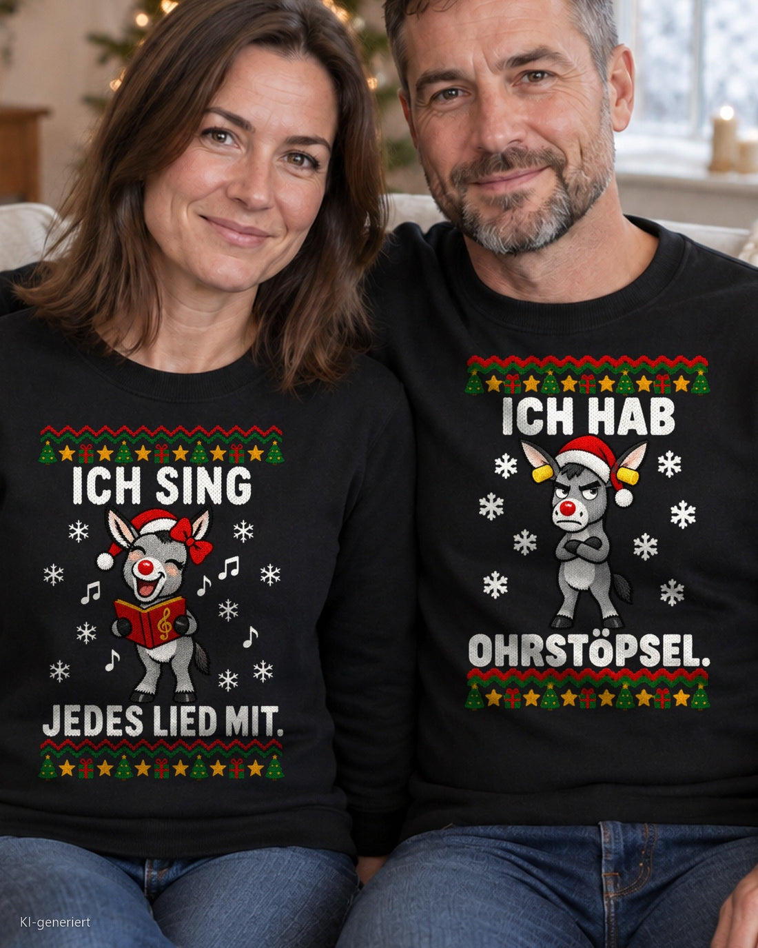 Ich sing jedes Lied mit Partner Weihnachtspullover - Paar auf dem Sofa in schwarzen Weihnachtspullovern