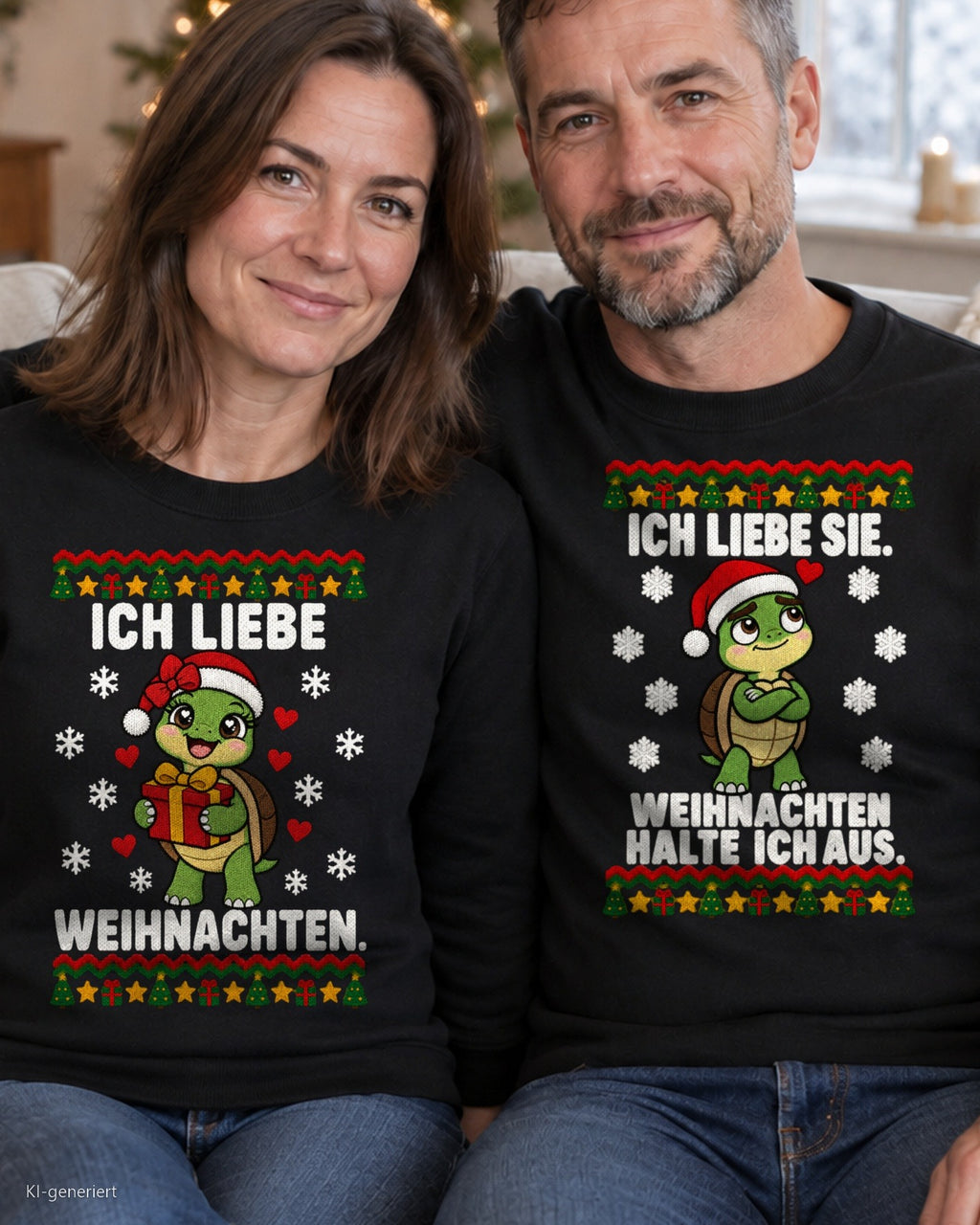 Ich liebe Weihnachten Partner Weihnachtspullover - Paar auf dem Sofa in schwarzen Weihnachtspullovern