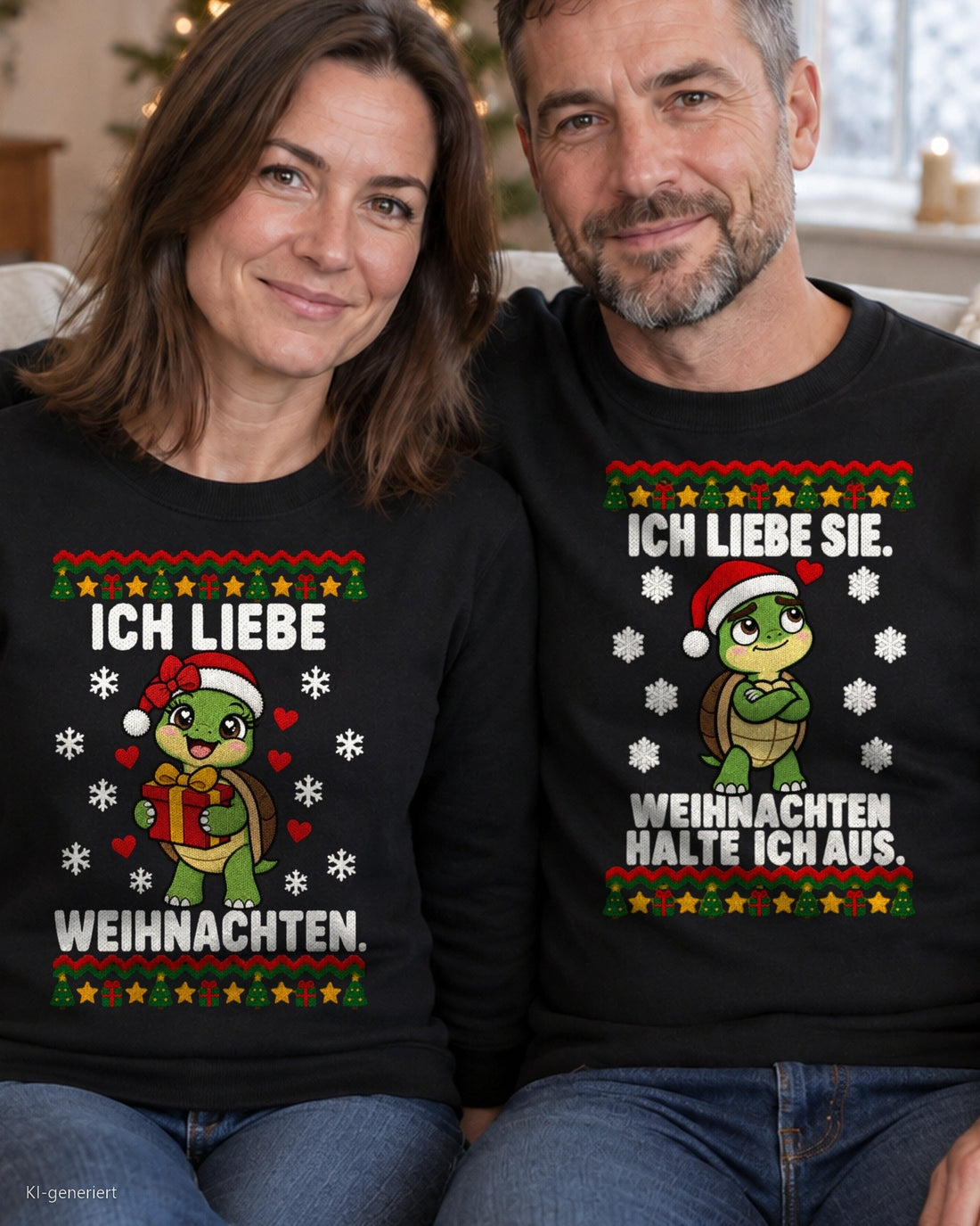 Ich liebe Weihnachten Partner Weihnachtspullover - Paar auf dem Sofa in schwarzen Weihnachtspullovern