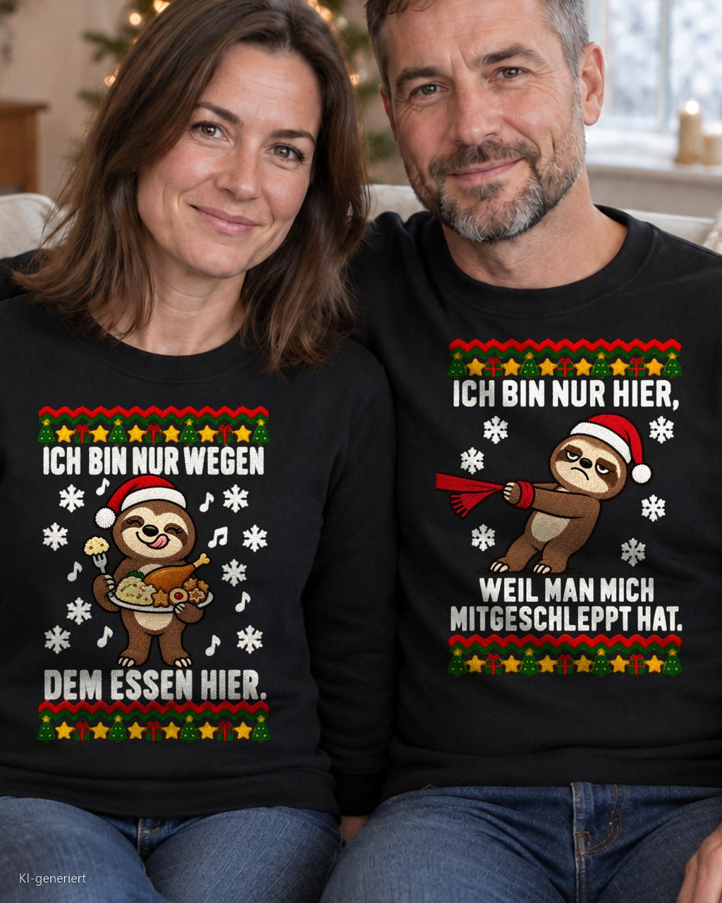 Ich bin nur wegen dem Essen hier Partner Weihnachtspullover - Paar auf dem Sofa in schwarzen Weihnachtspullovern