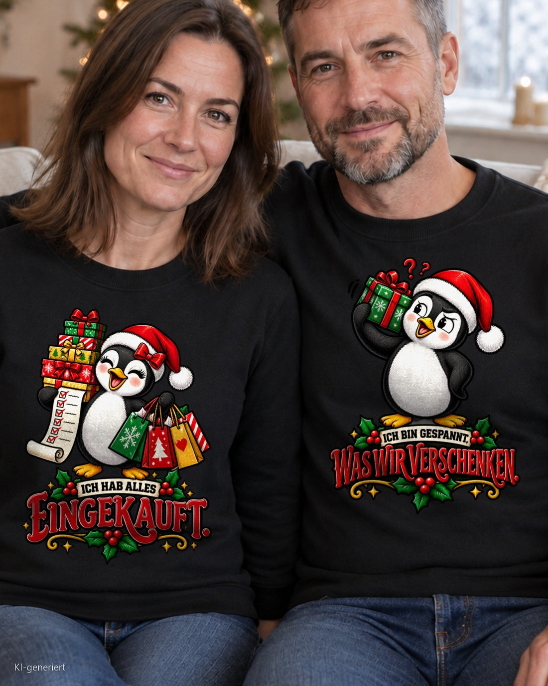 Ich hab alles eingekauft Comic Partner Weihnachtspullover - Paar auf dem Sofa in schwarzen Weihnachtspullovern