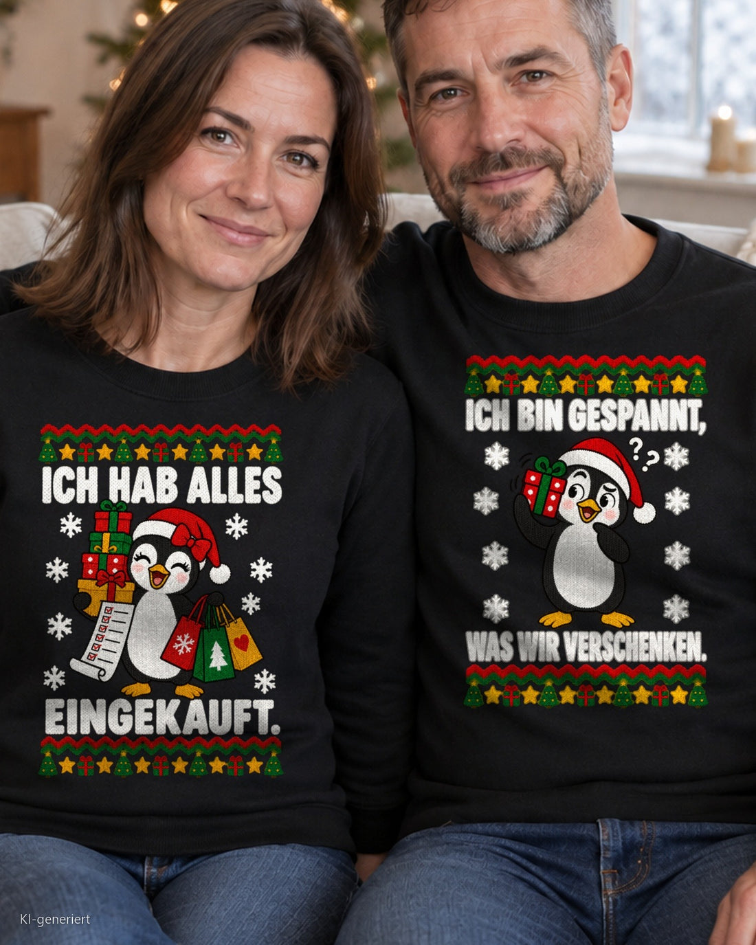 Ich hab alles eingekauft Partner Weihnachtspullover - Paar auf dem Sofa in schwarzen Weihnachtspullovern