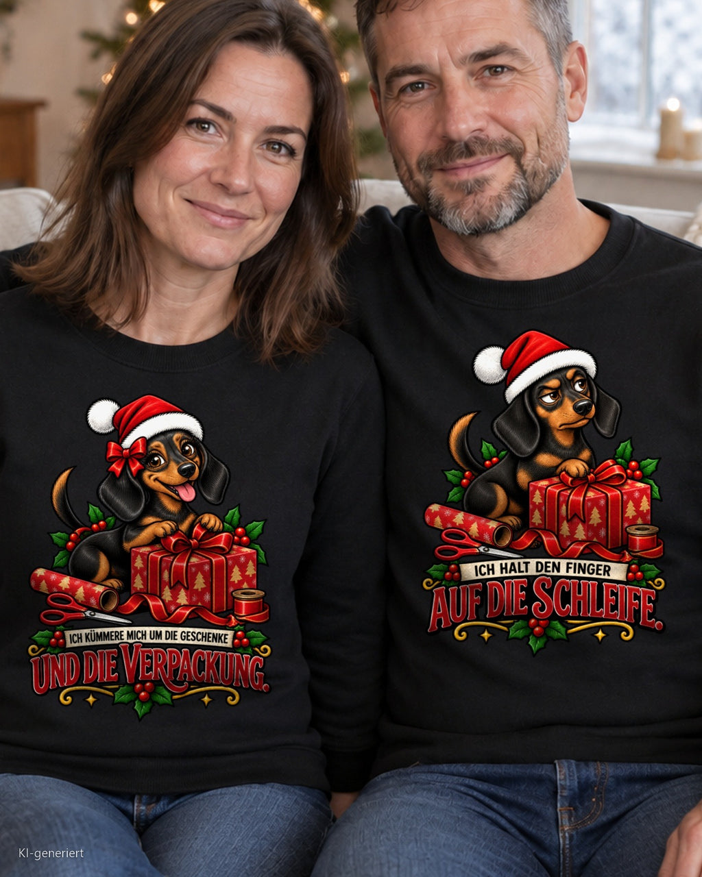 Ich kümmere mich um die Geschenke Partner Weihnachtspullover - Paar auf dem Sofa in schwarzen Weihnachtspullovern