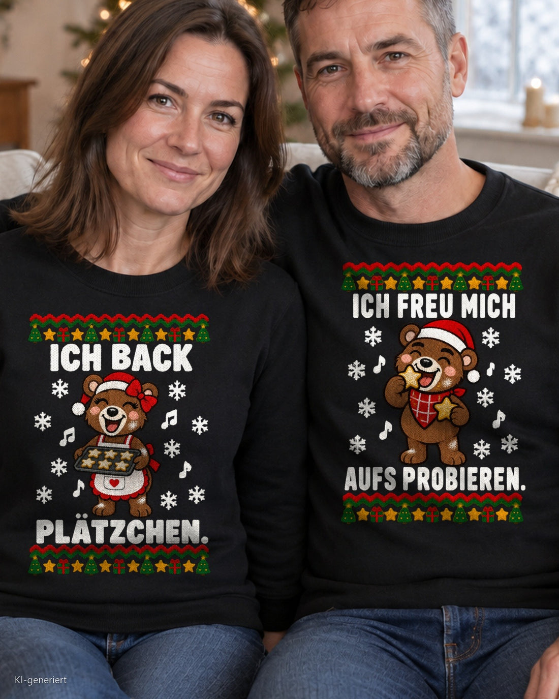 Ich back Plätzchen Partner Weihnachtspullover - Paar auf dem Sofa in schwarzen Weihnachtspullovern