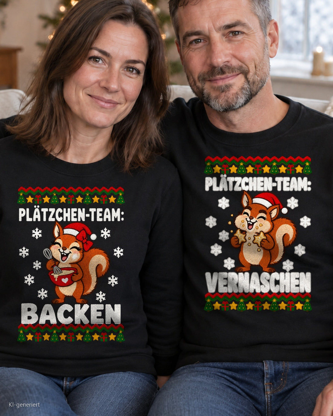 Plätzchen-Team Partner Weihnachtspullover - Paar auf dem Sofa in schwarzen Weihnachtspullovern
