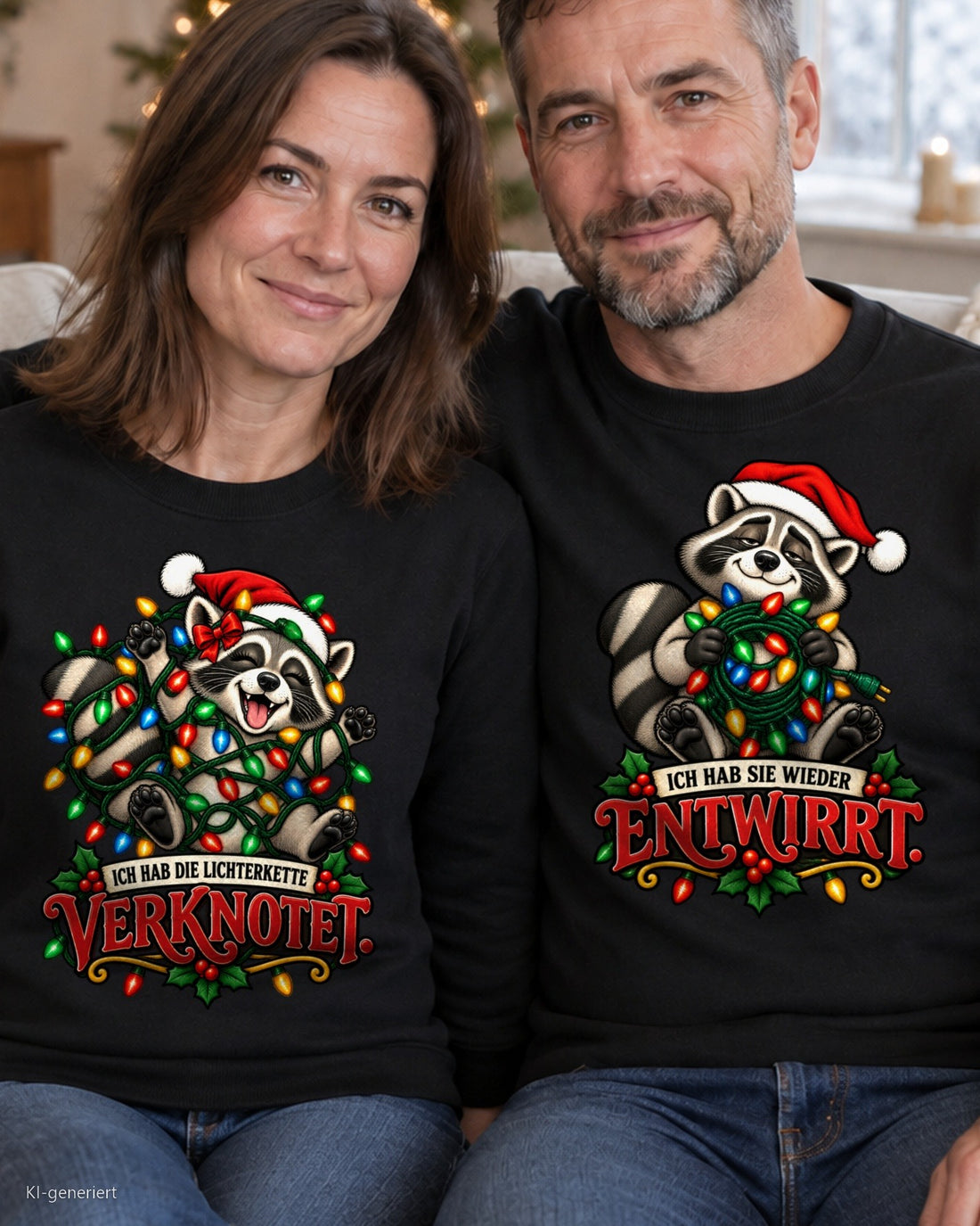 Ich hab die Lichterkette verknotet Partner Weihnachtspullover - Paar auf dem Sofa in schwarzen Weihnachtspullovern
