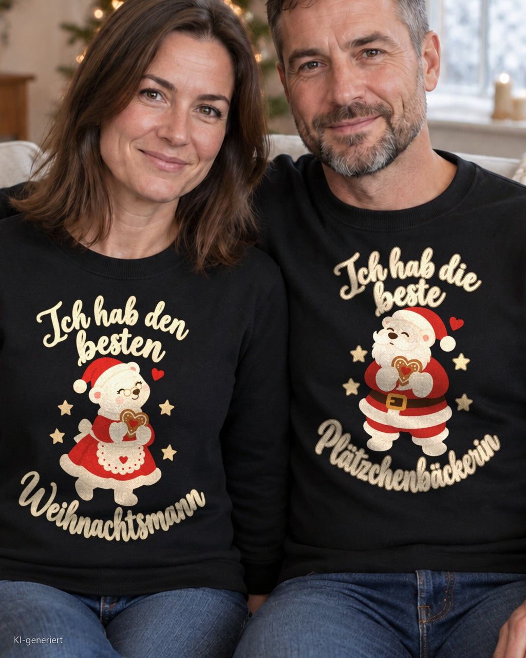 Ich hab den besten Weihnachtsmann Partner Weihnachtspullover - Paar auf dem Sofa in schwarzen Weihnachtspullovern