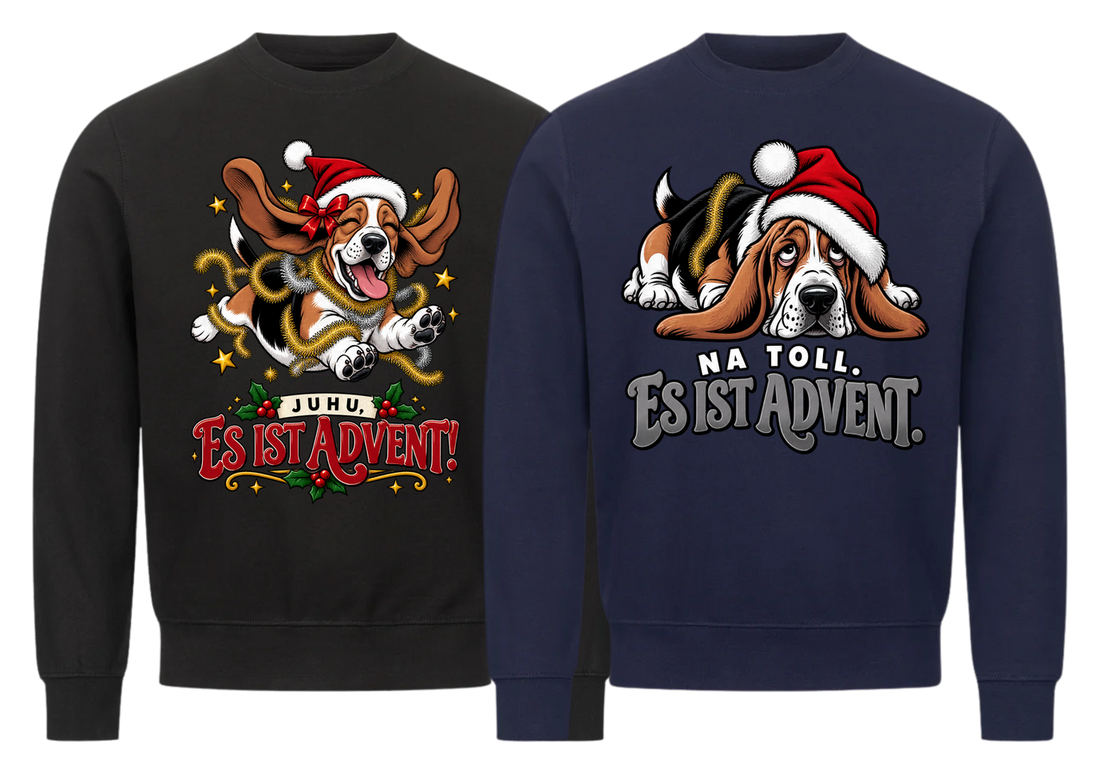 Juhu es ist Advent Partner Weihnachtspullover - zwei Sweatshirts nebeneinander, freigestellt