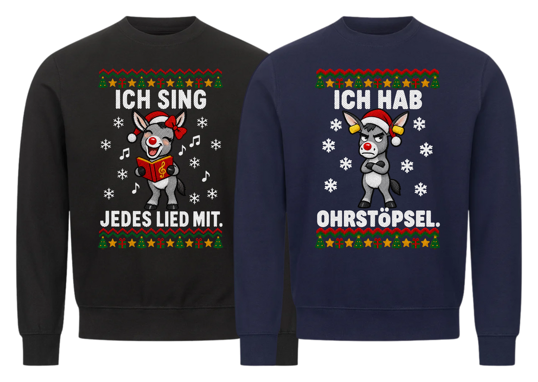 Ich sing jedes Lied mit Partner Weihnachtspullover - zwei Sweatshirts nebeneinander, freigestellt