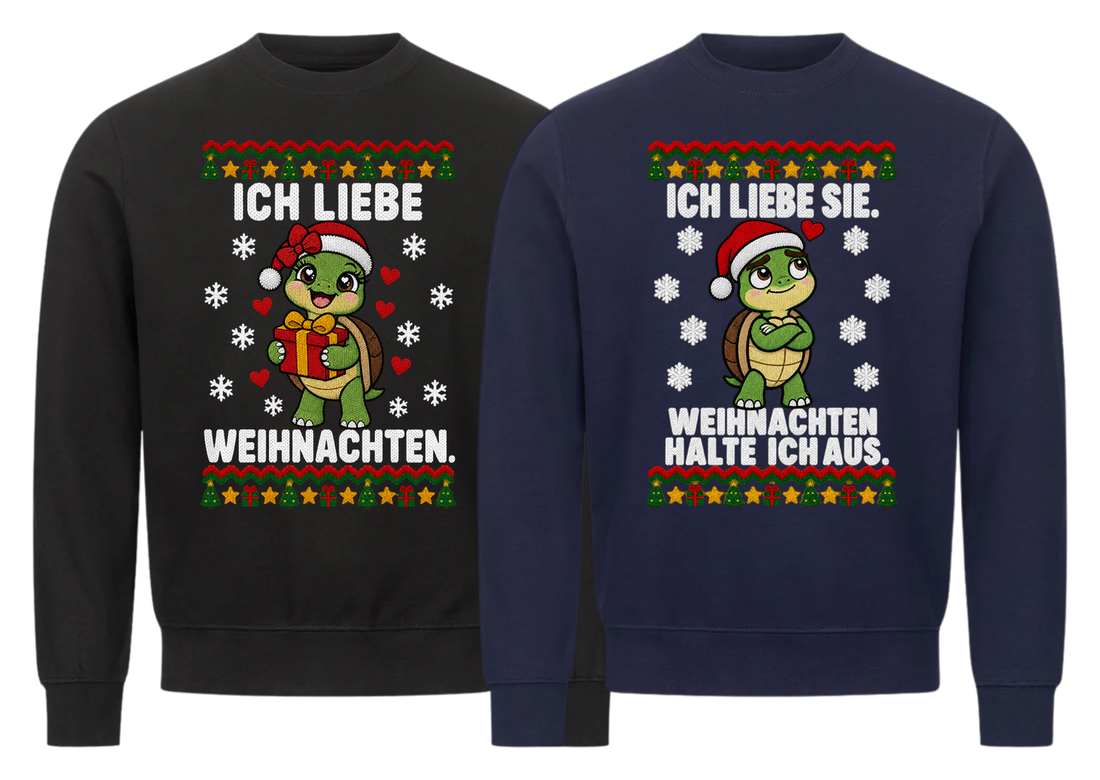 Ich liebe Weihnachten Partner Weihnachtspullover - zwei Sweatshirts nebeneinander, freigestellt
