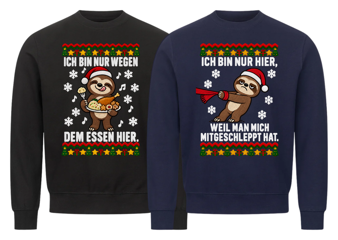 Ich bin nur wegen dem Essen hier Partner Weihnachtspullover - zwei Sweatshirts nebeneinander, freigestellt