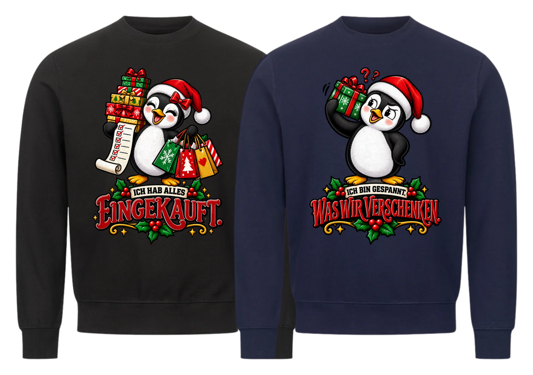 Ich hab alles eingekauft Comic Partner Weihnachtspullover - zwei Sweatshirts nebeneinander, freigestellt