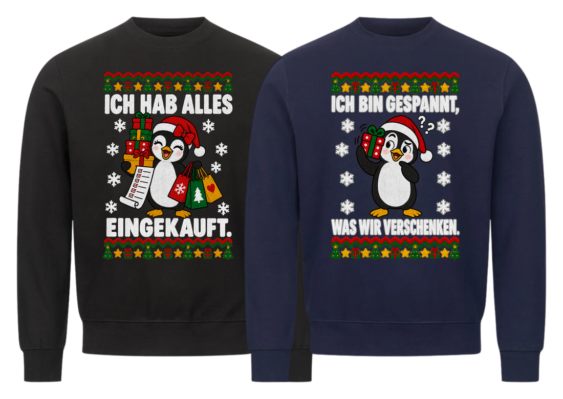 Ich hab alles eingekauft Partner Weihnachtspullover - zwei Sweatshirts nebeneinander, freigestellt
