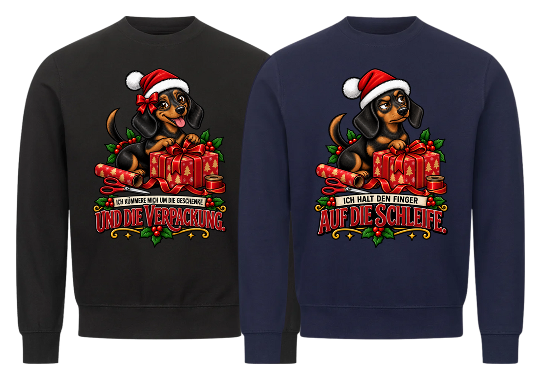 Ich kümmere mich um die Geschenke Partner Weihnachtspullover - zwei Sweatshirts nebeneinander, freigestellt