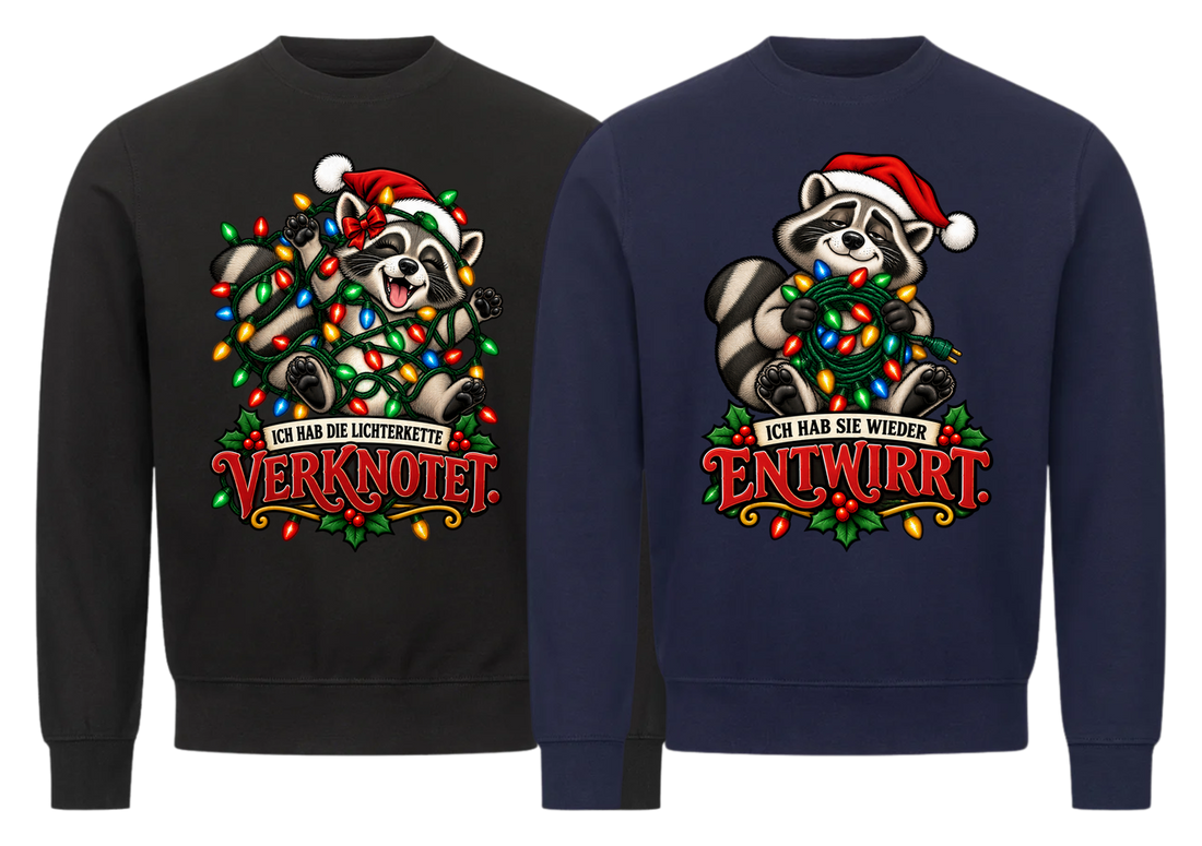 Ich hab die Lichterkette verknotet Partner Weihnachtspullover - zwei Sweatshirts nebeneinander, freigestellt