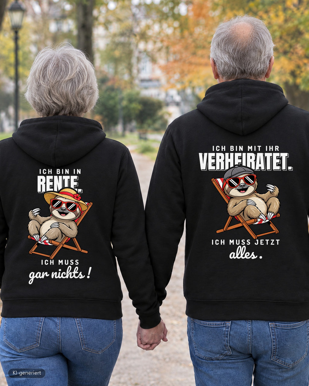 Rentnerpaar von hinten in passenden Hoodies „Ich muss gar nichts / Ich muss jetzt alles“ – KI-generiert