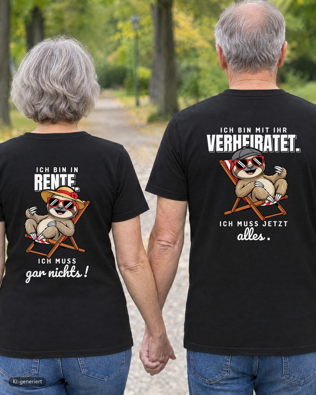 Rentnerpaar von hinten in passenden T-Shirts „Ich muss gar nichts / Ich muss jetzt alles“ – KI-generiert