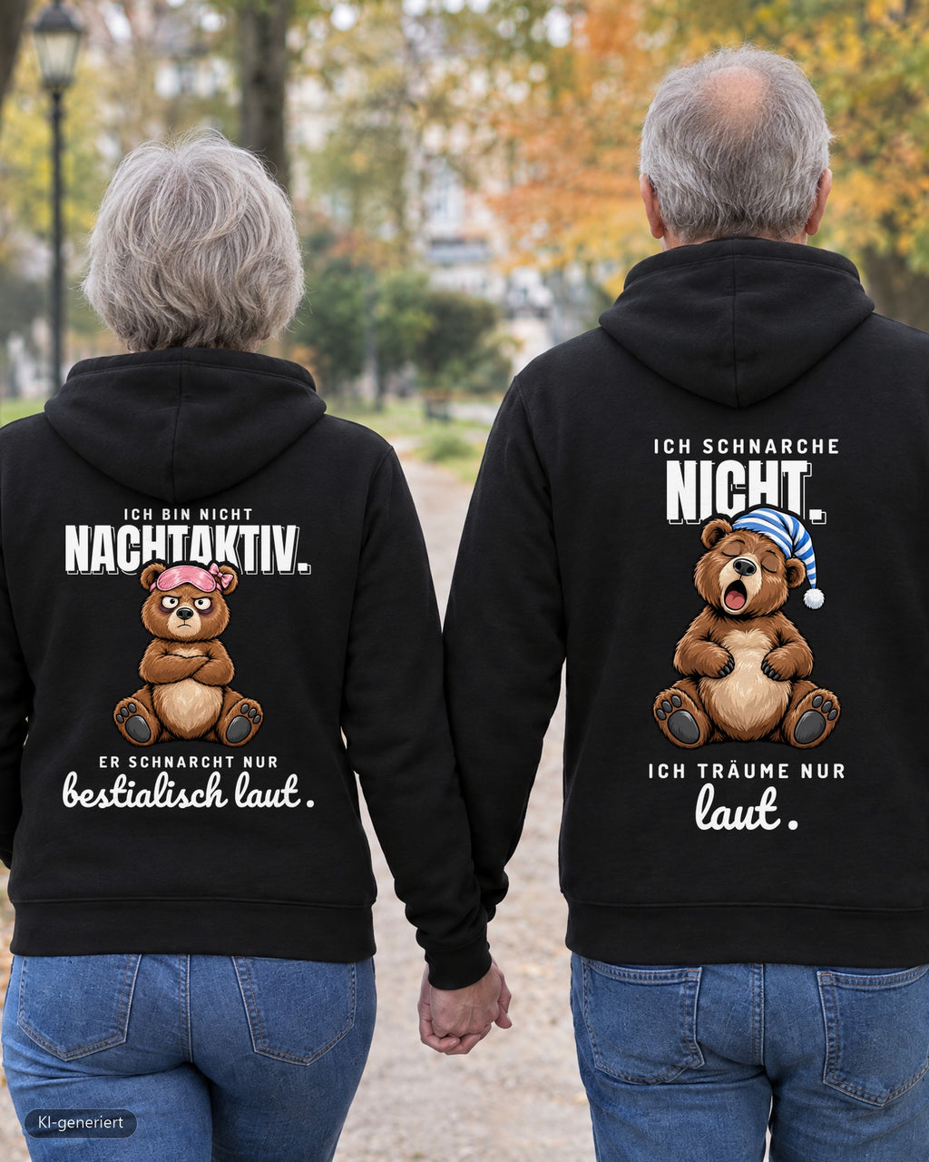 Rentnerpaar von hinten in passenden Hoodies „Ich bin nicht nachtaktiv / Ich schnarche nicht“ – KI-generiert