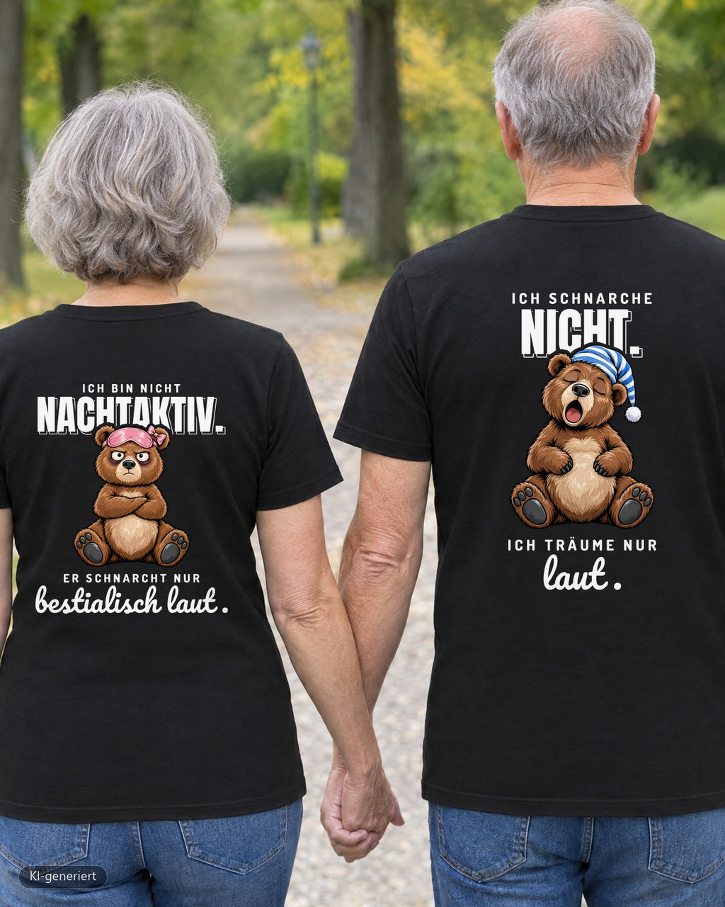 Rentnerpaar von hinten in passenden T-Shirts „Ich bin nicht nachtaktiv / Ich schnarche nicht“ – KI-generiert