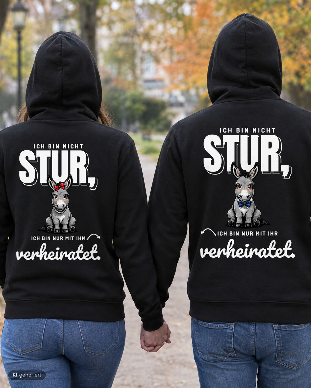 Paar von hinten im Park in schwarzen Partnerlook Hoodies mit Rückendruck: Ich bin nicht stur, ich bin nur mit ihm/ihr verheiratet