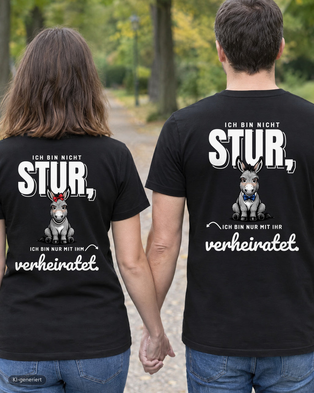 Paar von hinten im Park in schwarzen Partnerlook T-Shirts mit Rückendruck: Ich bin nicht stur, ich bin nur mit ihm/ihr verheiratet