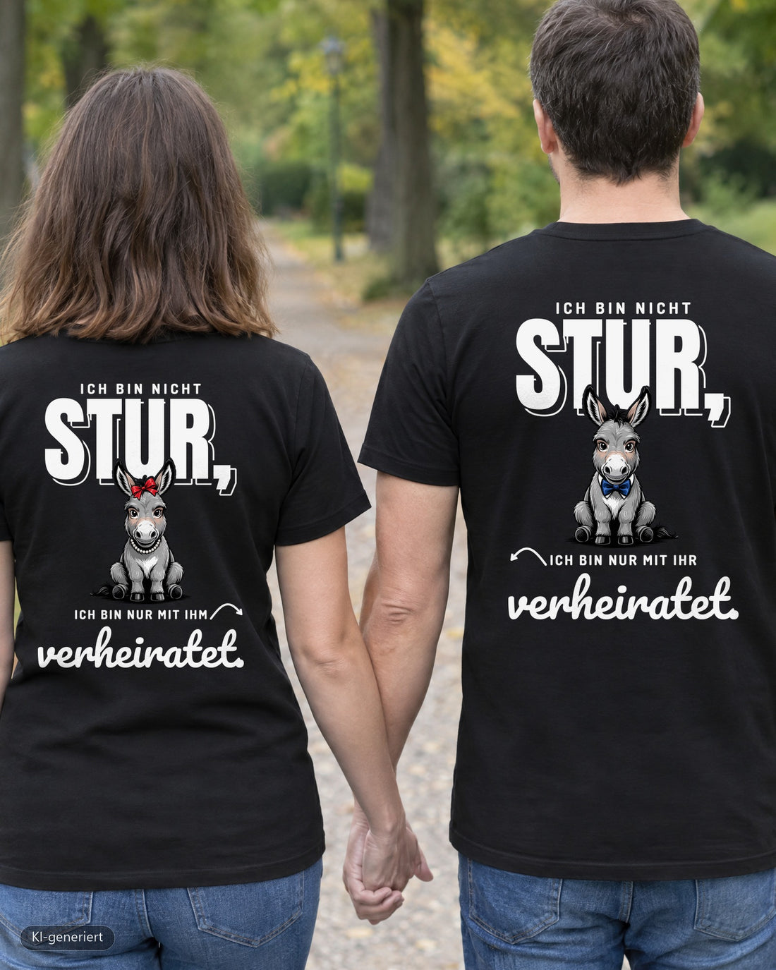 Paar von hinten im Park in schwarzen Partnerlook T-Shirts mit Rückendruck: Ich bin nicht stur, ich bin nur mit ihm/ihr verheiratet