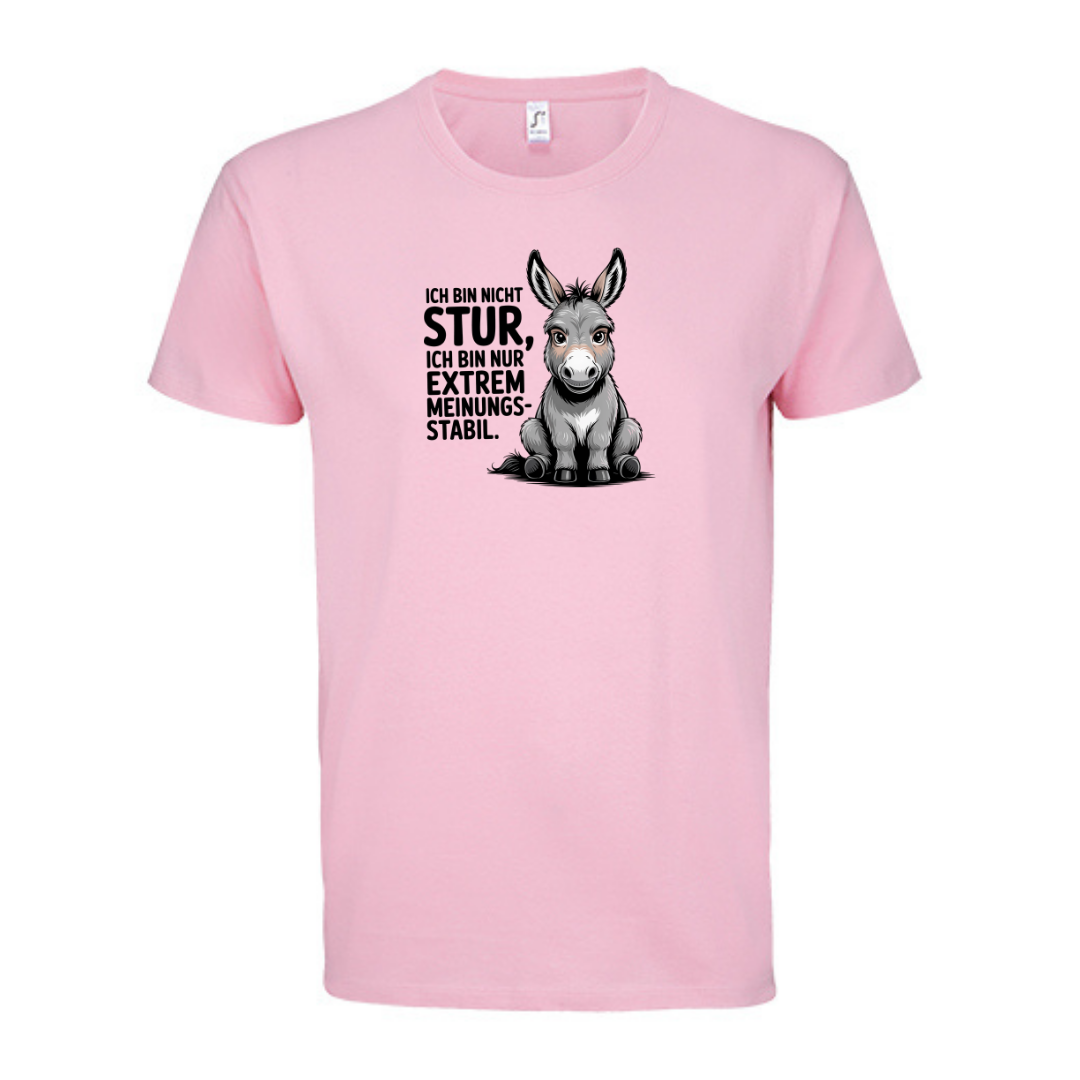 Sturer Esel Bio T-Shirt in Candy Pink, Vorderansicht mit Esel-Motiv und Spruch