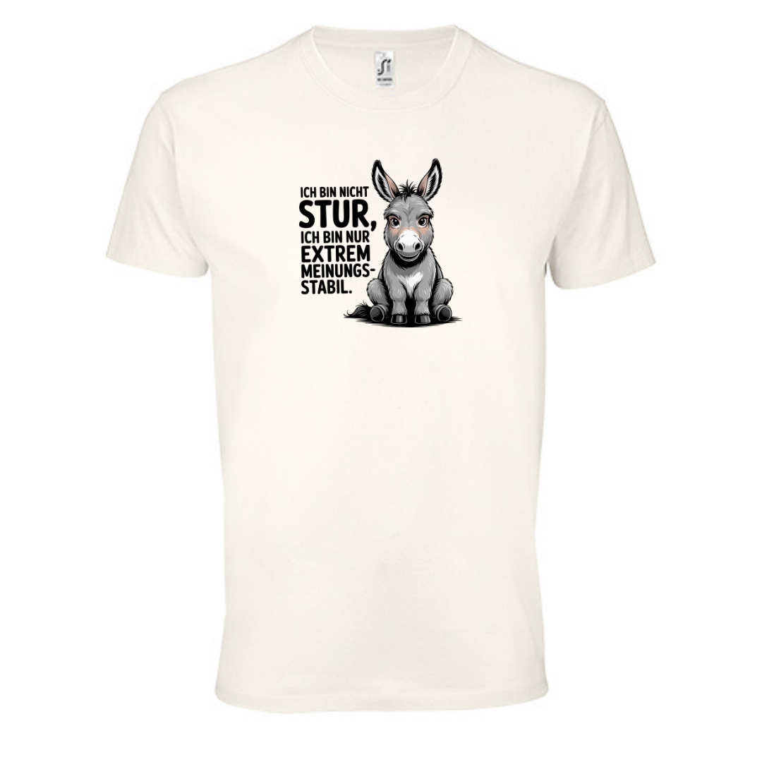 Sturer Esel Bio T-Shirt in Off White, Vorderansicht mit Esel-Motiv und Spruch