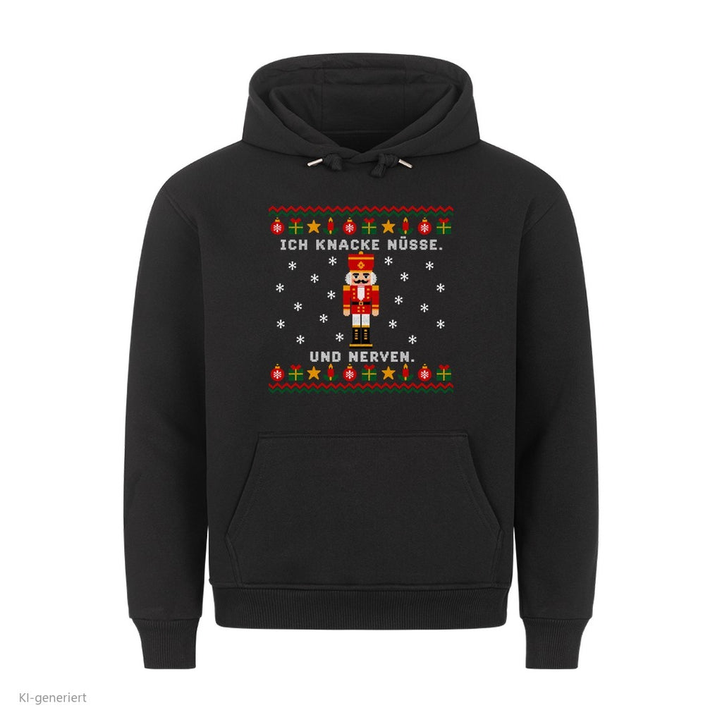 Nussknacker Weihnachtshoodie Ich knacke Nüsse und Nerven - Ugly Christmas Hoodie in Schwarz