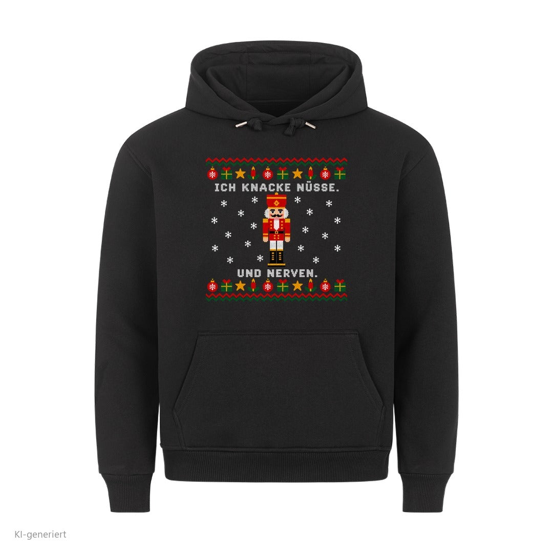 Nussknacker Weihnachtshoodie Ich knacke Nüsse und Nerven - Ugly Christmas Hoodie in Schwarz