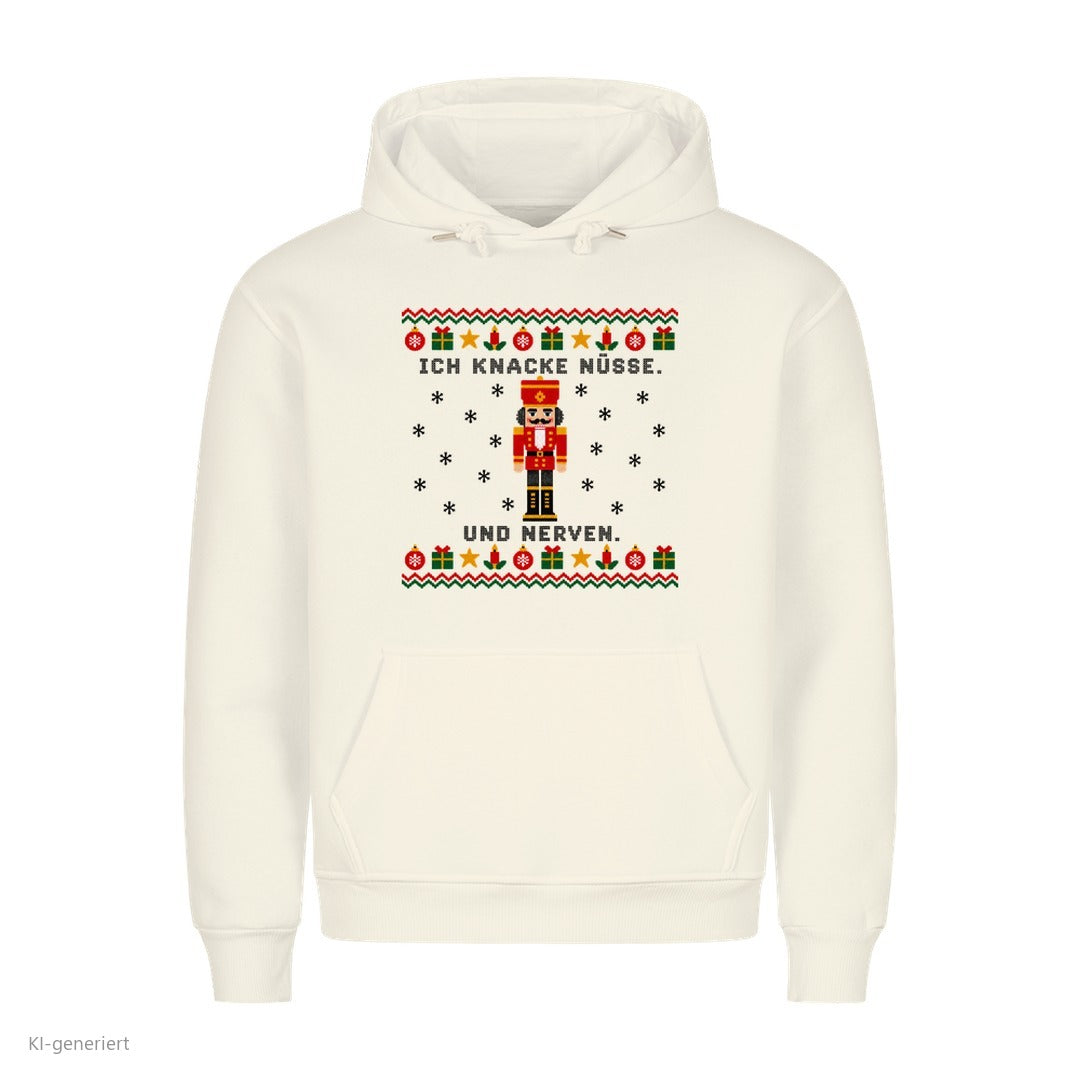 Nussknacker Weihnachtshoodie Ich knacke Nüsse und Nerven - Ugly Christmas Hoodie in Weiß