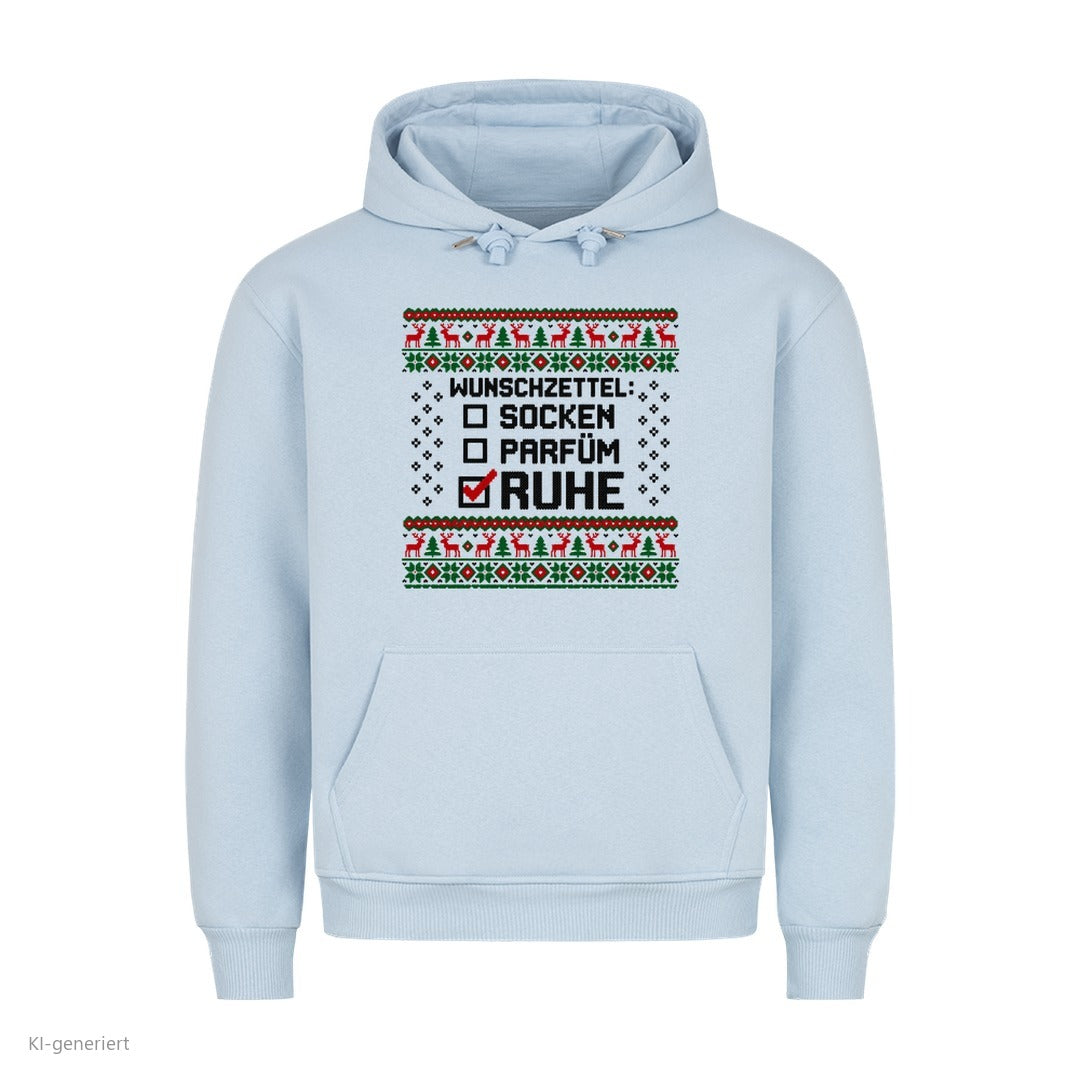 Weihnachtshoodie mit Spruch Socken, Parfüm, Ruhe - Ugly Christmas Hoodie in Babyblau