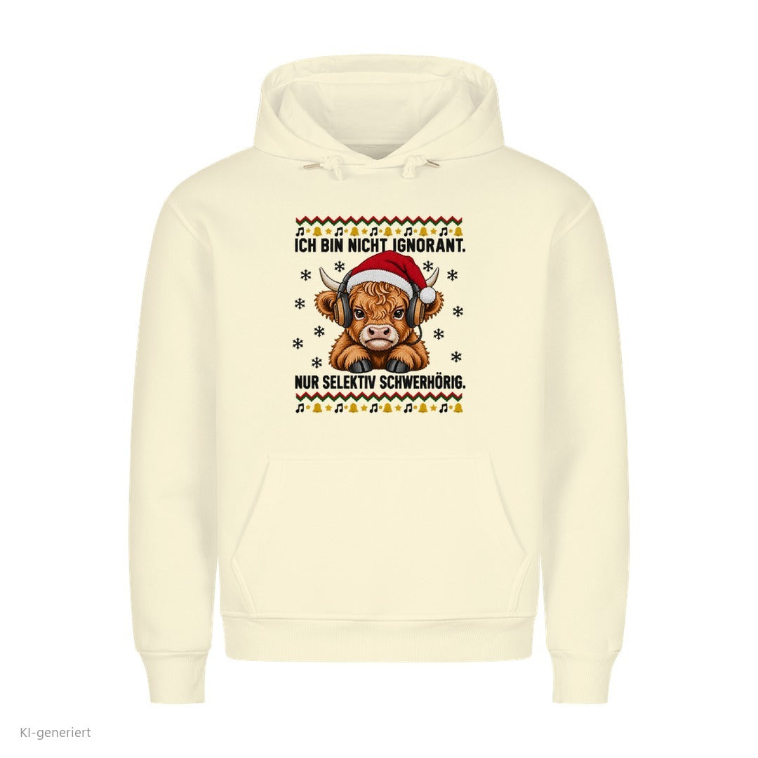 Hochlandrind Weihnachtshoodie Selektiv schwerhörig - Ugly Christmas Hoodie in Beige