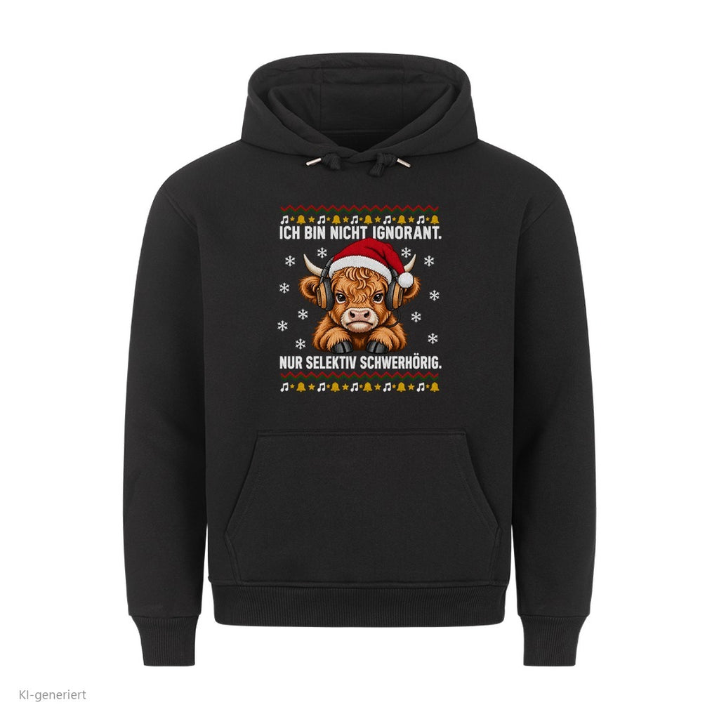 Hochlandrind Weihnachtshoodie Selektiv schwerhörig - Ugly Christmas Hoodie in Schwarz