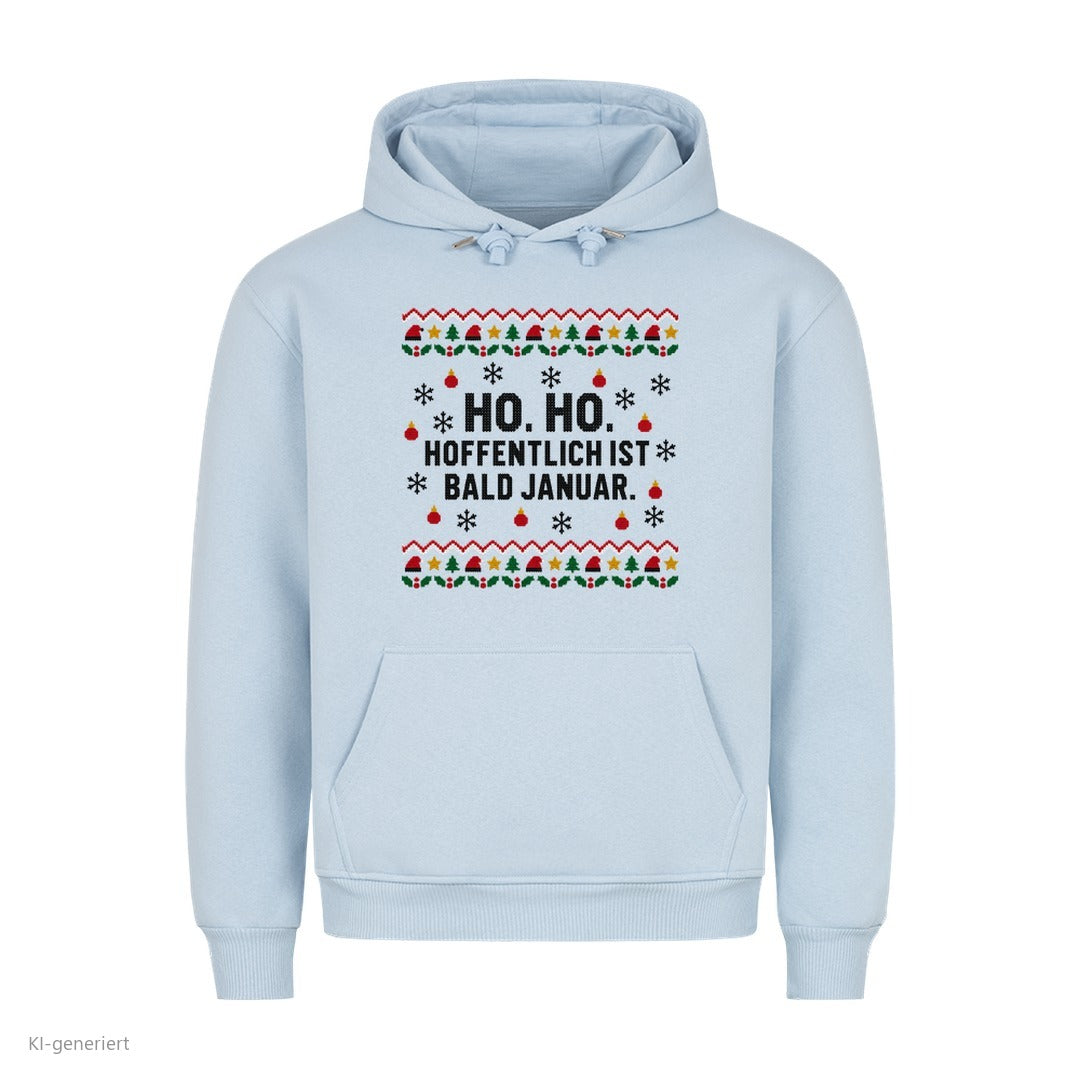 Weihnachtshoodie mit Spruch Hoffentlich ist bald Januar - Ugly Christmas Hoodie in Babyblau